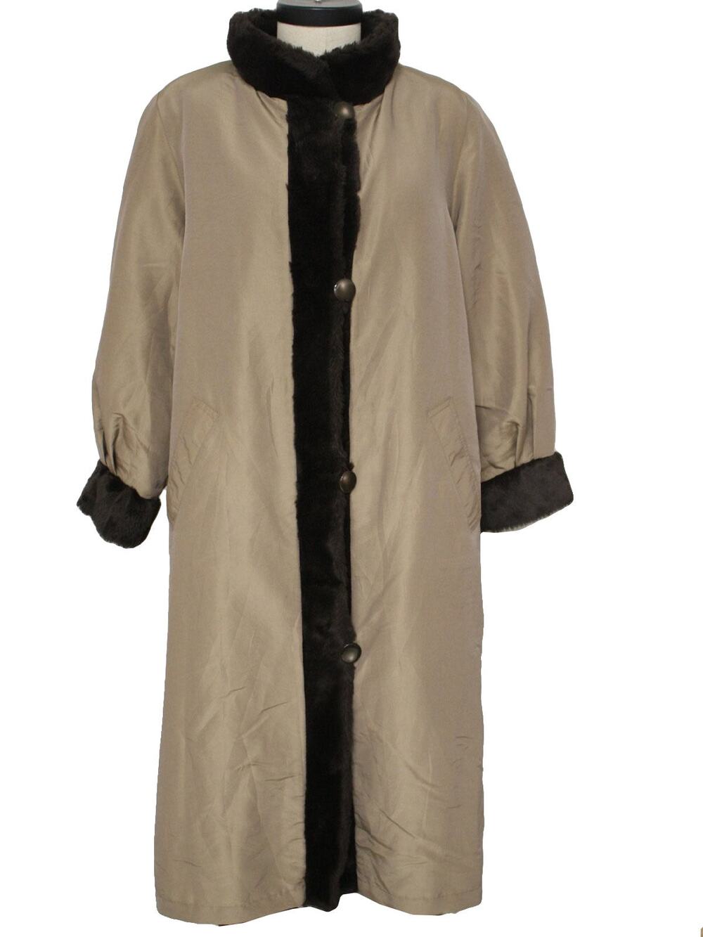 Vintage 70s Faux Fur Trench Coat Reversible Tan Rain Jacket Women’s Large